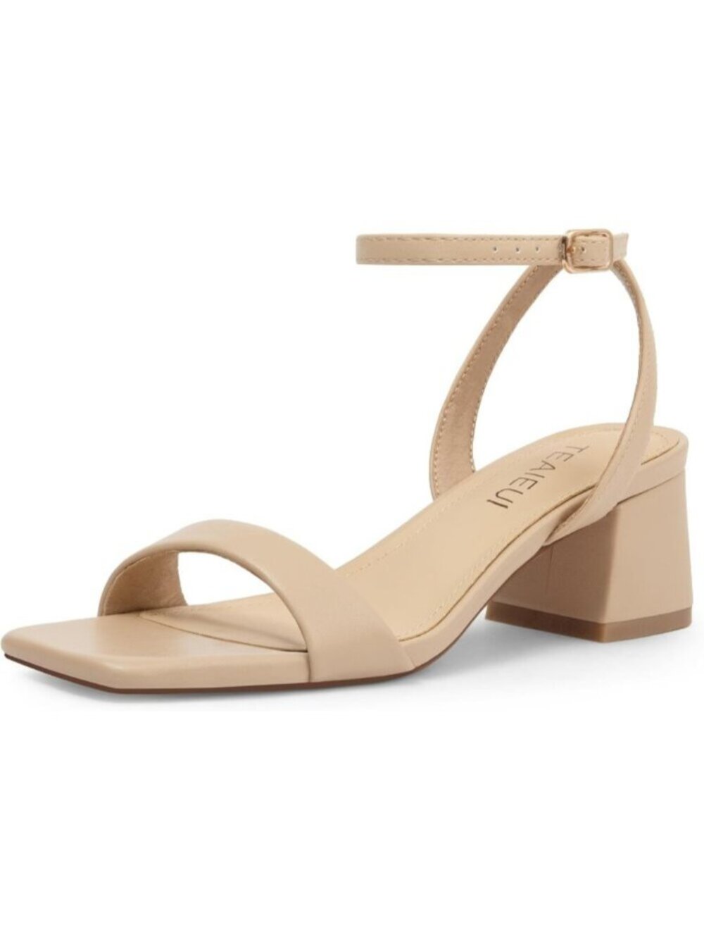 Women's Apricot Faux Leather Comfort Square Open Toe Ankle Strap Heeled Sandal